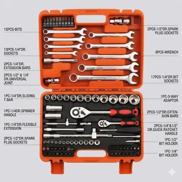 Reaim 82Pcs Tool Kit Set Alat Kunci Shock Soket Lengkap Kunci Pas Kunci Torsi Set Obeng Kunci L