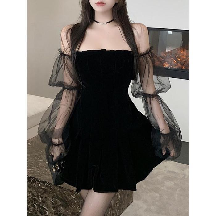 New 7801 Dress Lengan Panjang Lace Korean Style Hitam Wanita Cantik Mini Big Size Formal Dress