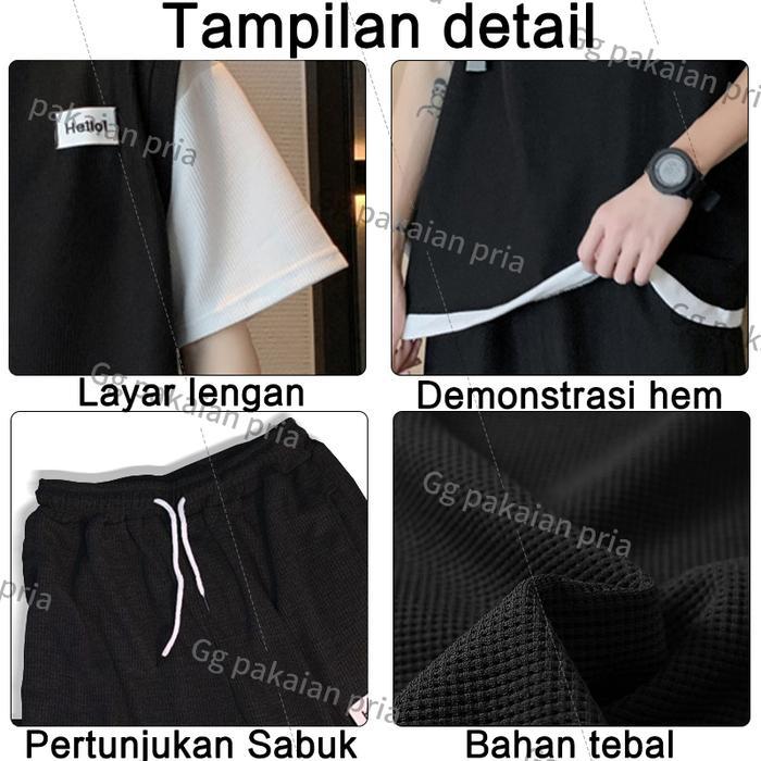 Baju Setelan Pria 2024 Korean Style Kaos Oversize+Celana Pendek Ootd One Set Pria Hitam Abu M-Xxxl