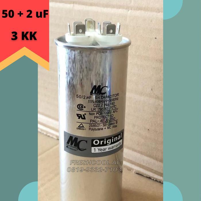 KAPASITOR AC / CAPACITOR AC LG 3 KAKI MERK MC 50/2 UF (50/2 MIKRO)
