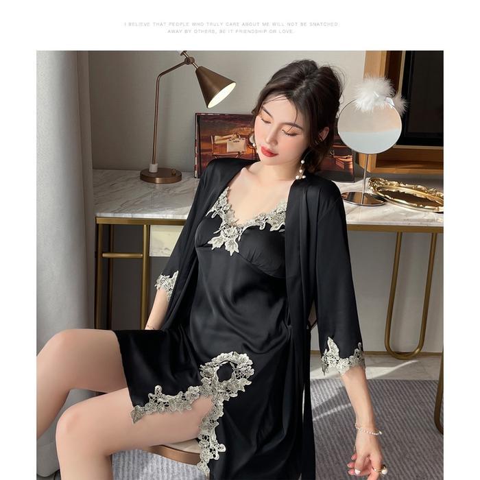 Bossexy-Kimono 2 In 1 Silk Premium 58015/Seserahan/Baju Dinas Kimono Tidur Wanita Piyama Dress Satin