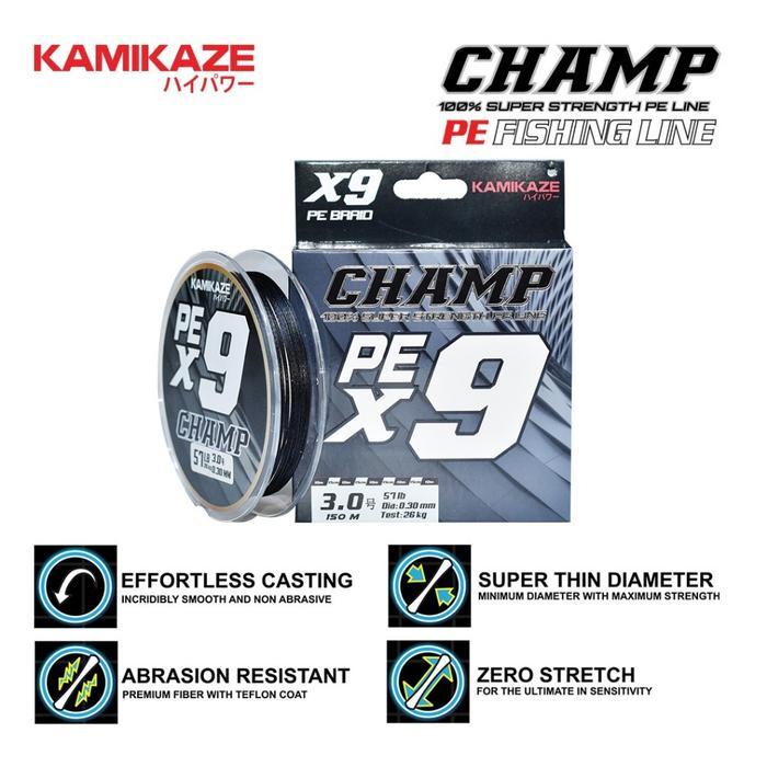 Terlaris Kamikaze Senar Pe Champ X9 150Mtr Black Sic Technology X9 Braide 100% Pe Fiber Mancing Laut