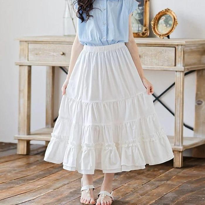 Lunna Korea Skirt Anak Perempuan 3-15Y Putih Ruffle Dress Bagus Model Skirt Bahan Polo Linen Warna