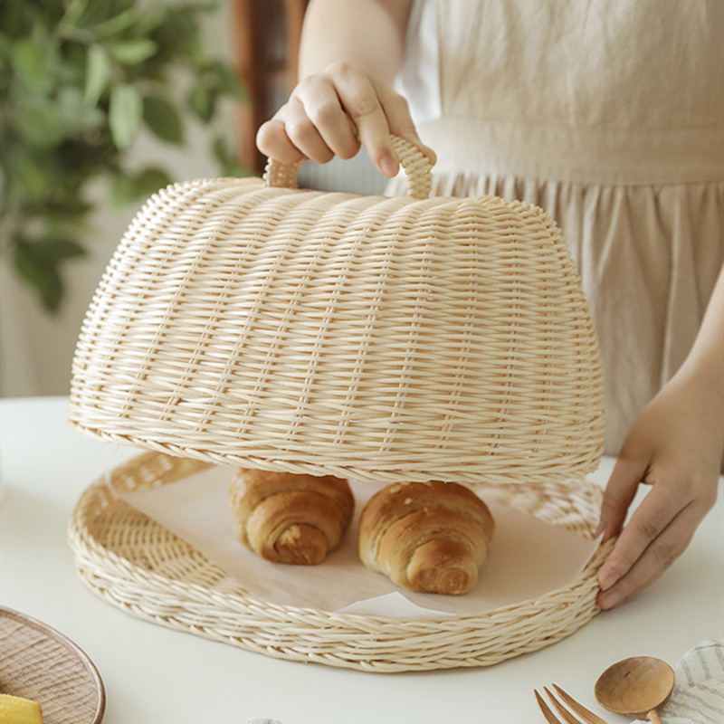 Rattan Basket Bread Basket White Rattan Storage Baskets Fruit Dust Proof Cover Pantry Organizer Kitc
