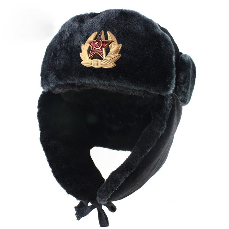 Army Military Badge Ushanka Bomber Hats Pilot Trapper Trooper Hat Winter Faux Fur Earflap Men Snow