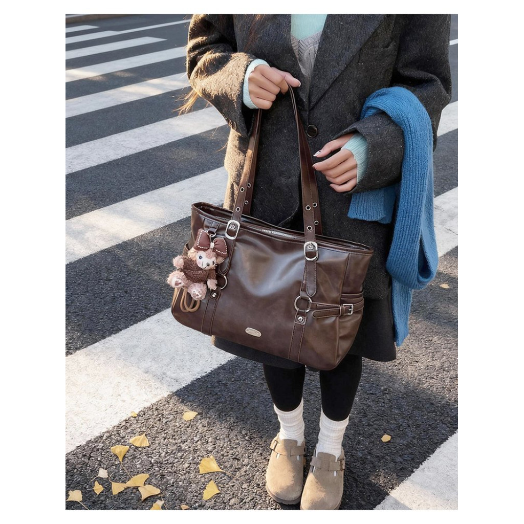 2026 New CEEKAY Faux Leather Tote Bag, Adjustable Strap Shoulder Bag with Cute Pendant, Daily