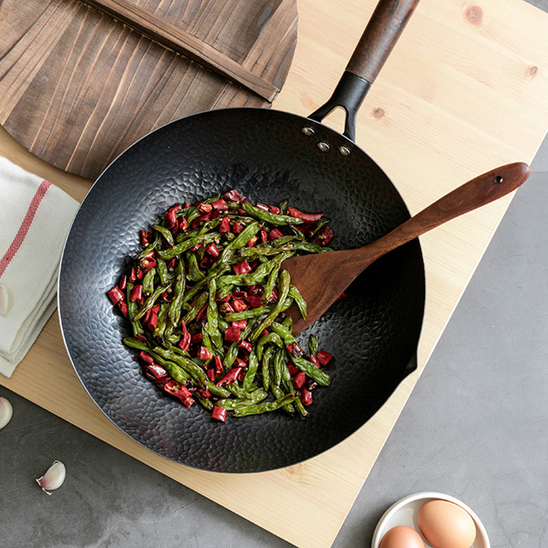 Carbon Steel Wok Pan 32cm Stir Fry Wok Set with Wooden Lid Non-Stick Flat Bottom Frying Pan for
