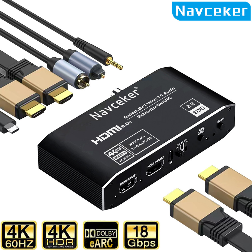 2x1 4K HDMI Switch eARC Audio Extractor With ARC & Optical Toslink HDMI 2.0 Switch 4K 60Hz HDMI