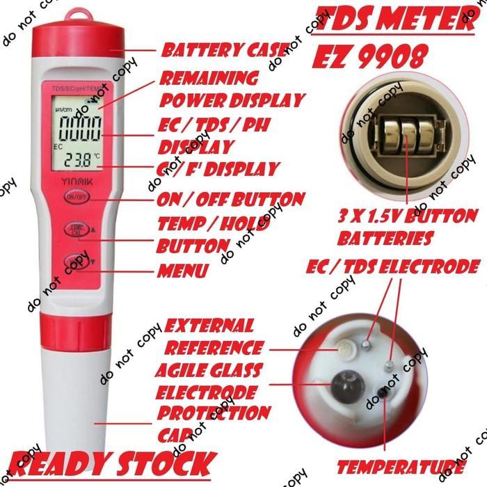 Ez9908 Ph Tds Ec Temperature Meter Tester Suhu Hidroponik Ez-9908 Pasti Ori