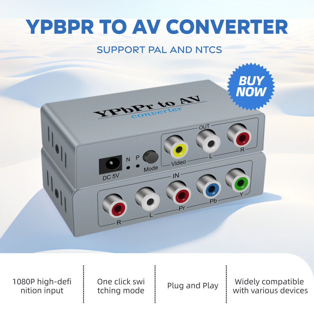 YPbPr to AV Converter, Component to Composite Video Audio Converter Adapter with PAL/NTSC Switch for