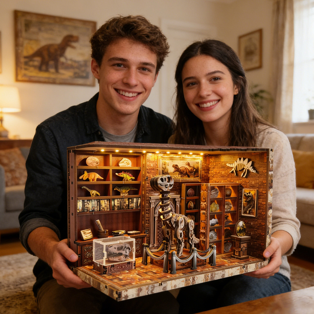3d wooden puzzle for adults Dinosaur Laboratory book nook with lights model kit dollhouse DIY