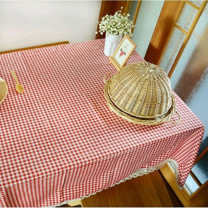 Taplak Meja Makan Motif Kotak 1Cm Dengan Renda Kain Katun