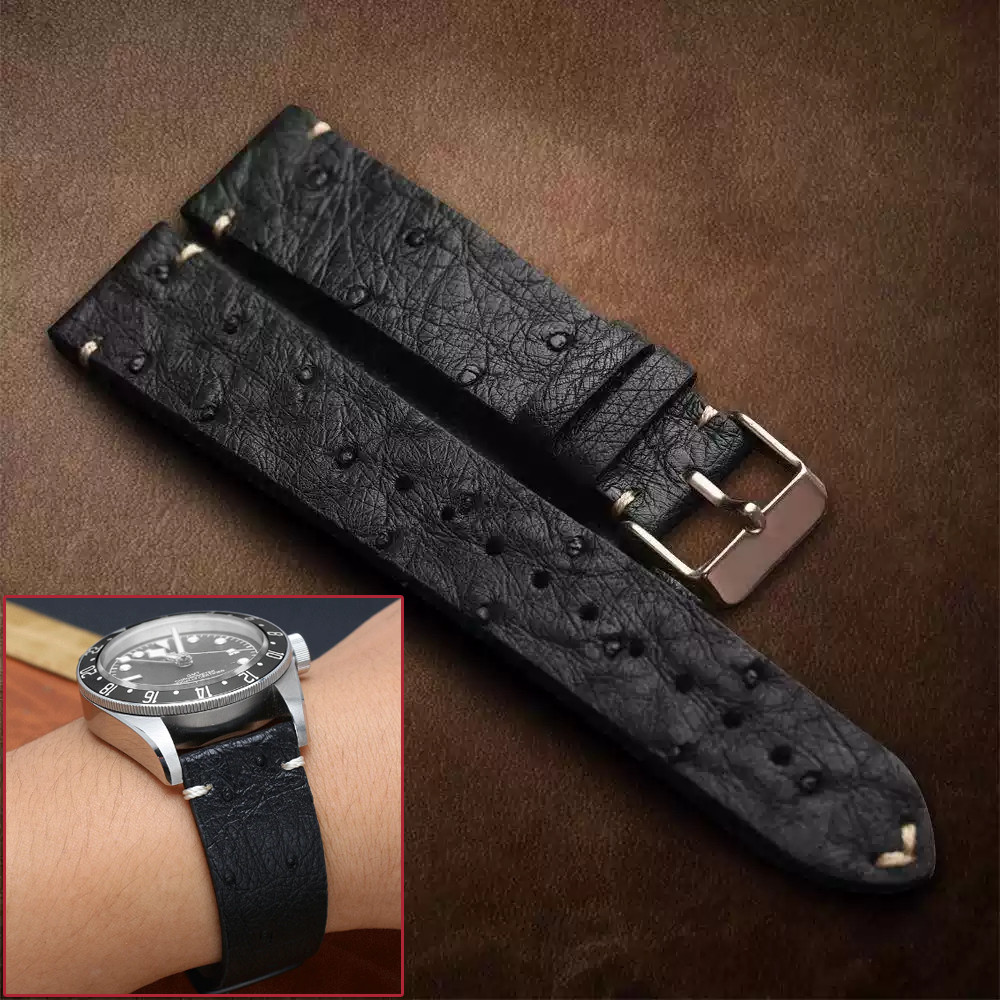 Handmade Vintage Ostrich skin thin leather watchband men For any brand strap 18mm 20mm 22mm Watch