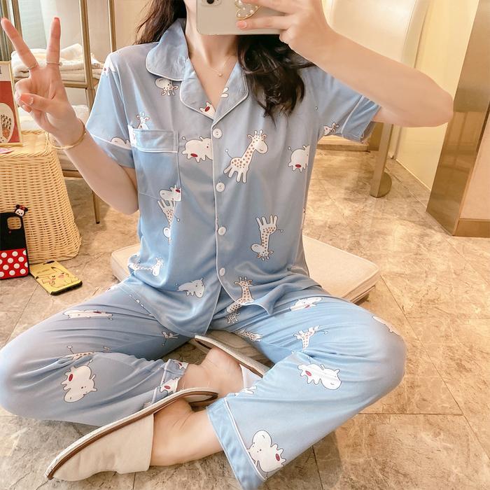 Yooyi Baju Tidur Wanita Piyama Cewek Set Kemeja Lengan Pendek Celana Panjang Style Korea Jumbo