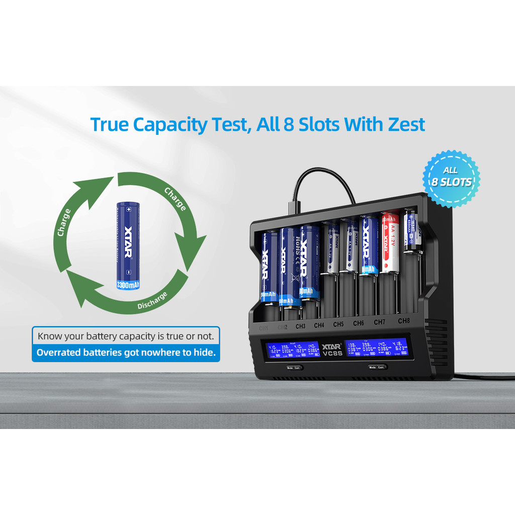 XTAR VC8S Smart Battery Charger - 8-Slot, Fast Charging, Battery Testing, Wide Compatibility with