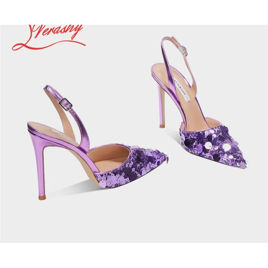 Summer single button back strap sequin purple high heels for women, new thin heel 10cm pointed toe