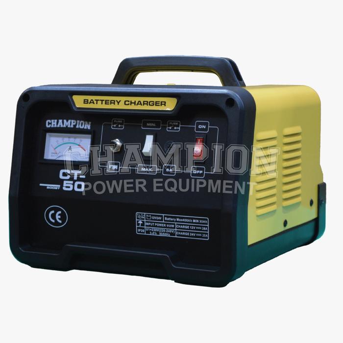 Cas Aki Mobil Motor 50 Ampere 12V 24V Champion CT50 USA Technology / Charger Aki 12V