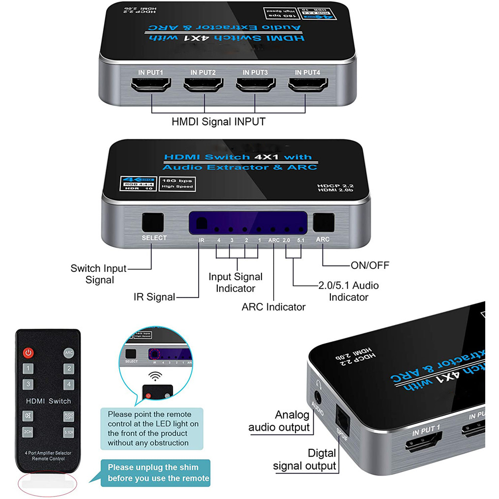60HZ 4K HDMI SWITCH HDR HDMI ARC AUDIO EXTRACTOR HDMI 2.0 SPLITTER SWITCHER HDMI SWITCH AUDIO