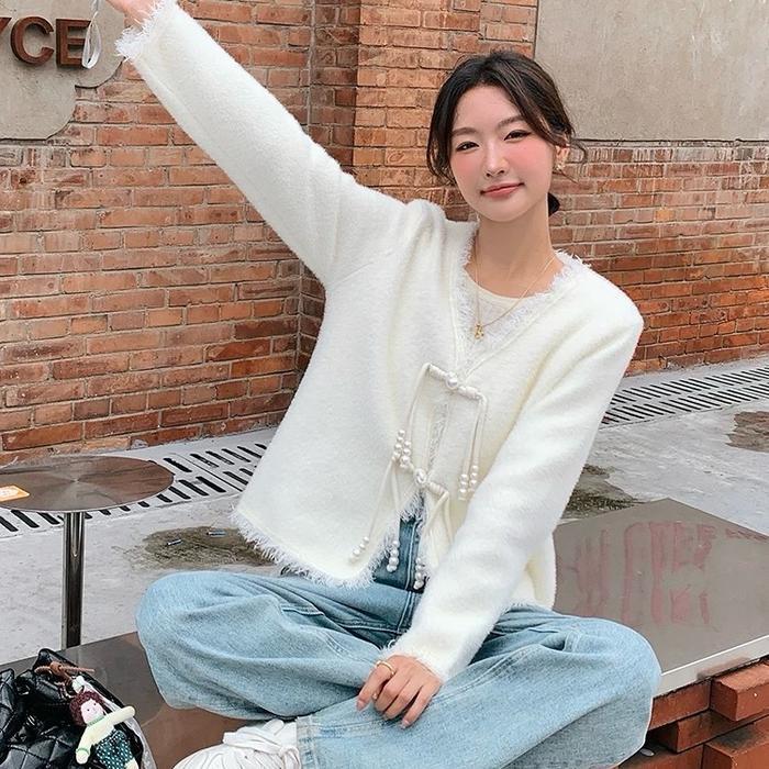 Cardigan Sweater Rajut Bulu Halus Variasi Mutiara 218 Knitwear Atasan Outer Tebal Kardigan Wanita