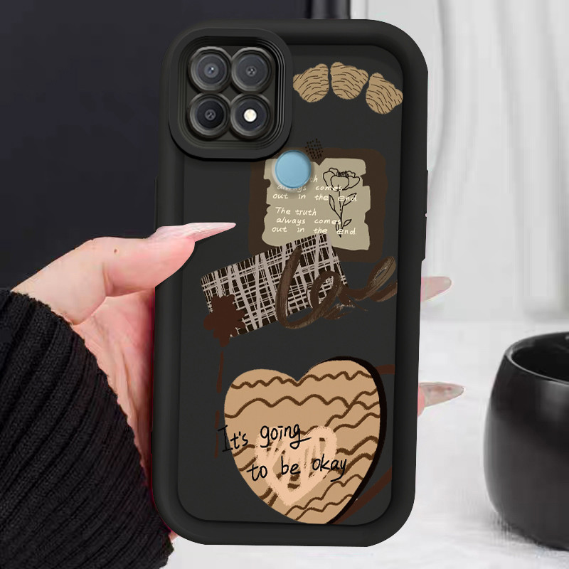 Casing Hp untuk OPPO A15 A15s A35 4G Case Motif Hati Bergelombang Coklat Kasing silikon Cesing Softc