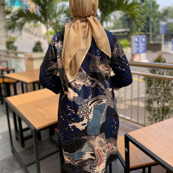 zen Batik Tunik Wanita Motif Biru Dongker Abstrak Bahan katun Kain Nyaman