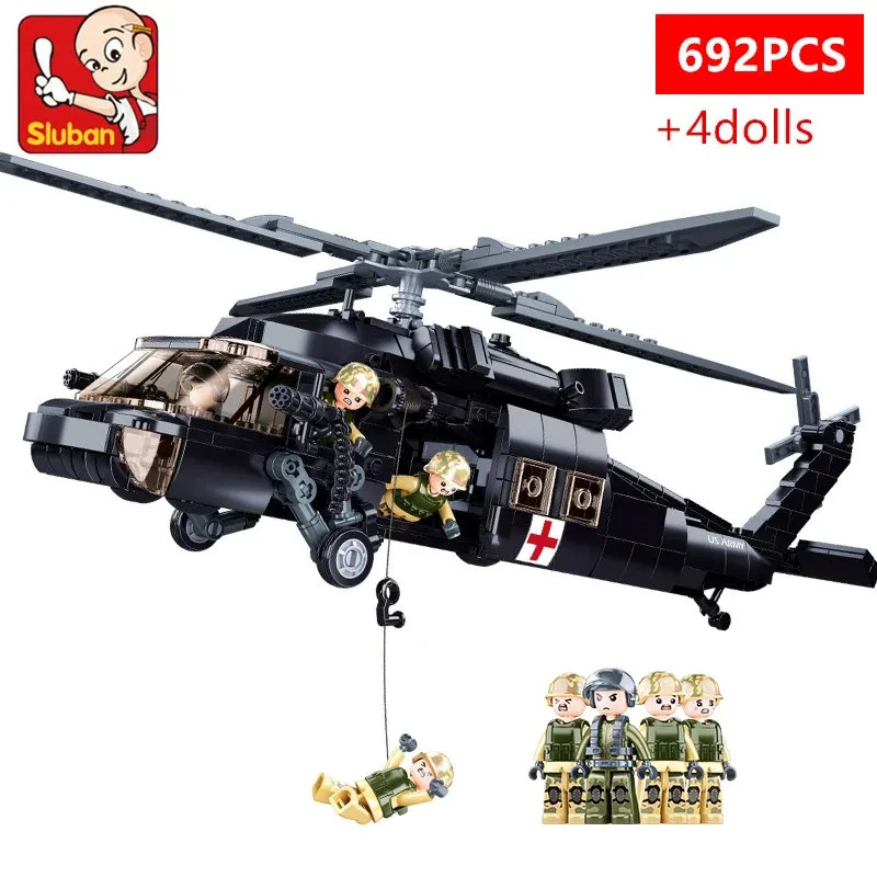 Sluban 692PCS Military UH-60L Medical Rescue Aircraft Building Blocks Black Hawk Helicopter Model