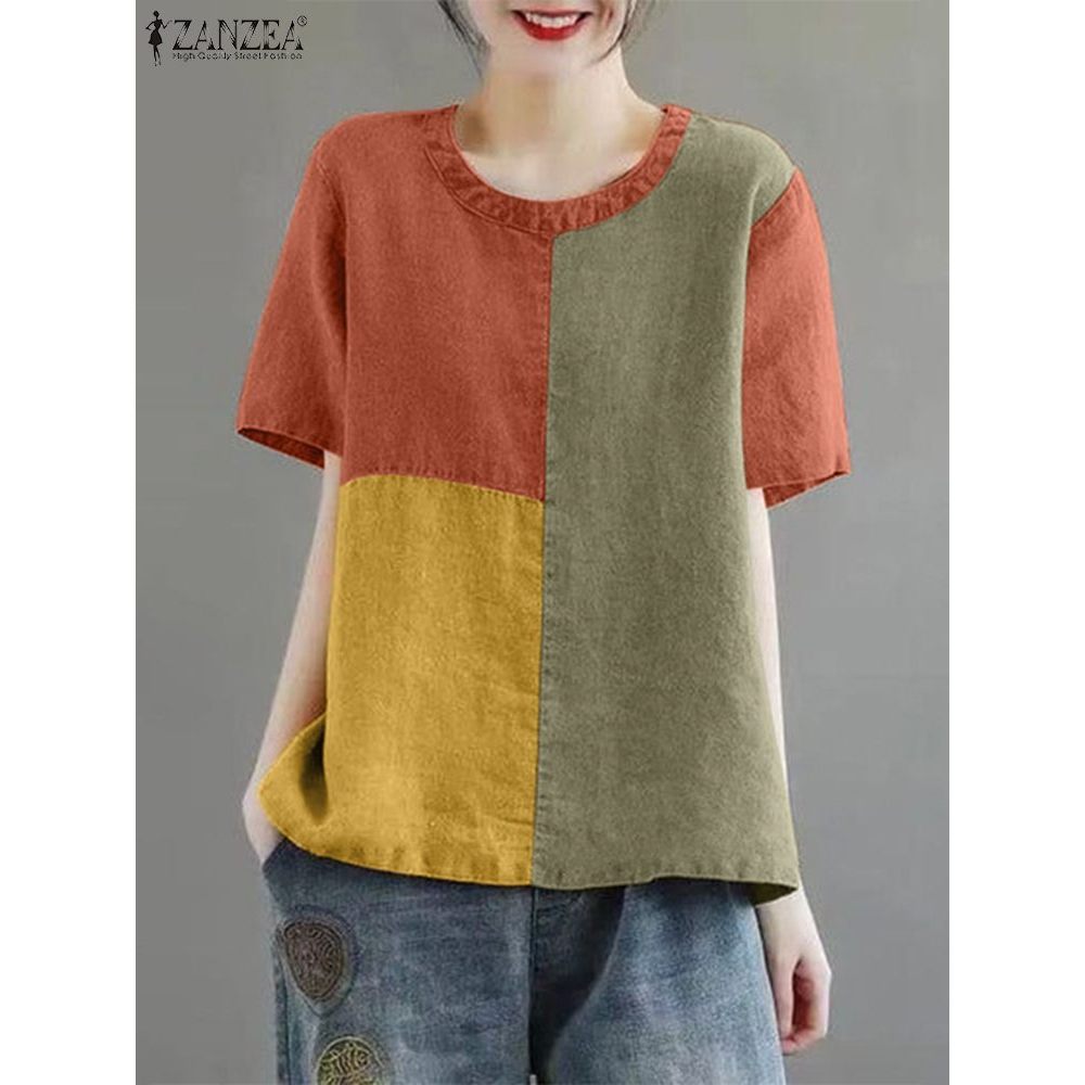 Zanzea Blus Wanita Patchwork Lengan Pendek Musim Panas 2024 Tunik Fashion Kerah Bulu Atasan Santai L