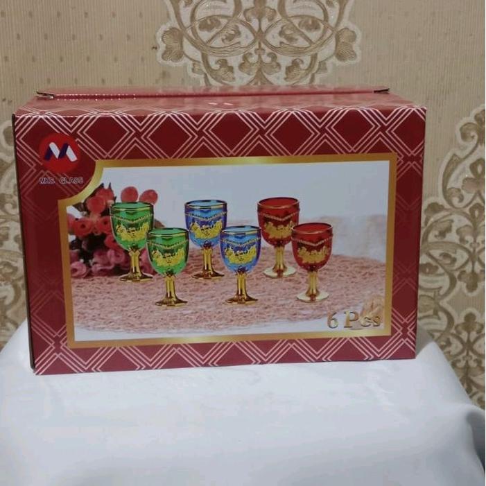 Ready Gelas Minum Warna Berkaki Isi 6 Gelas Exclusive Buble Kaca Biru Merah Hijau