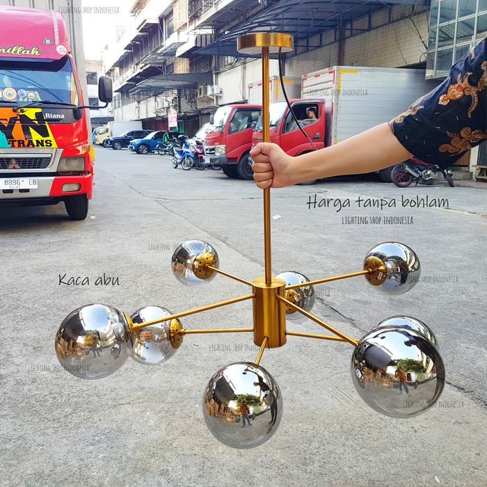 Lampu gantung grey 8 lampu gold modern kaca teh abu ruang kamar