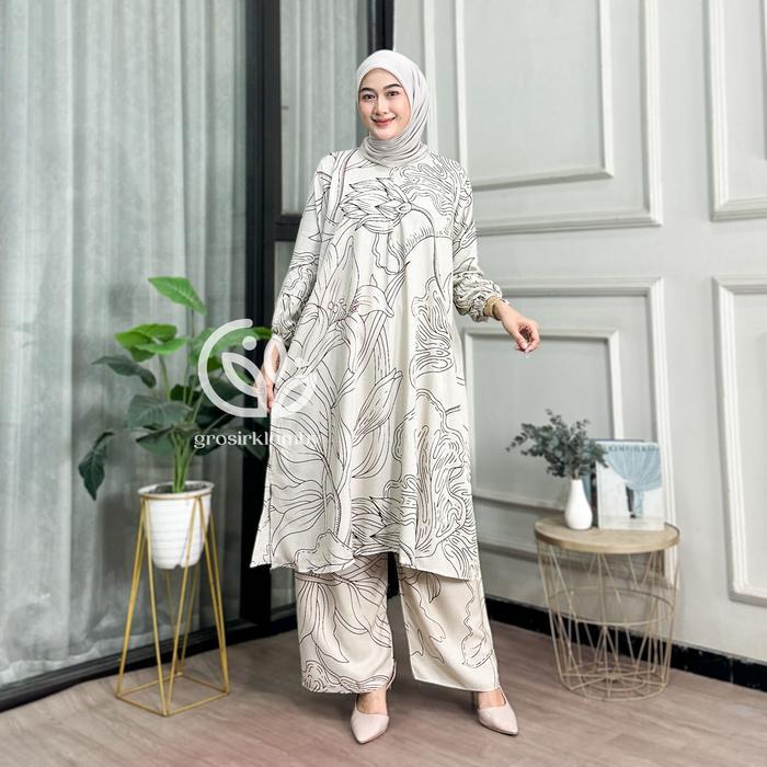 One Set Tunik Clara Rayon Batik Premium Jumbo Rempel Busui Atasan Bawahan Wanita Celana Kulot