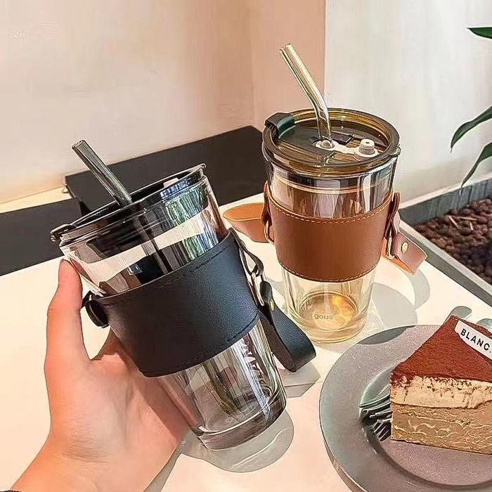 Gelas Tumblr Kaca Bening Gelas Mug Gelas Kaca dengan Tutup Anti Bocor Botol Minum Kaca Gratis