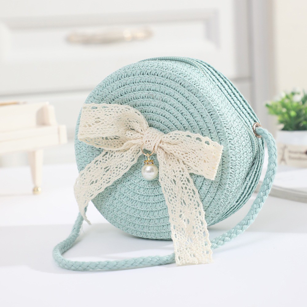 Tas Rotan Rajut Tangan Bentuk Bulat dengan Pita Lucu - Tas Pantai Ringan Ritsleting untuk Wanita