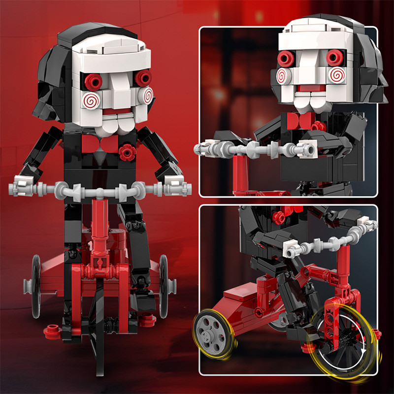 Horror doll riding a bicycle Lego model, thrilling series movie character building block toy,