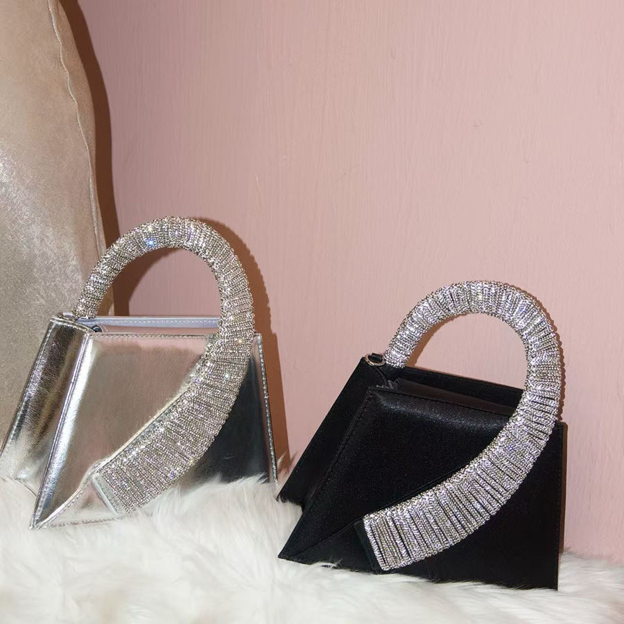 Luxury Satin Square Bag Wedding Party Clutch Purse Glitter Shiny Diamonds Handle Evening Bag