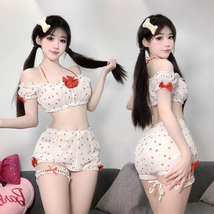 Diskon Set Lingerie Baju + Celana Wanita Sexy Baju Tidur Wanita Piyama Motif Strawberry F435 Setelan