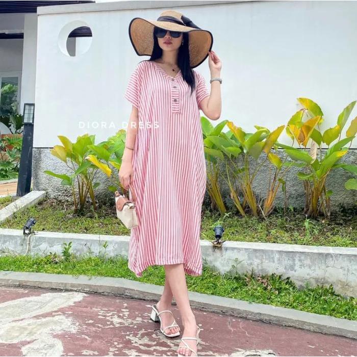 Diora Dress Blaster Busui Bumil Friendly Jumbo Kain Rayon Crinkle Motif Salur Kancing Hamil