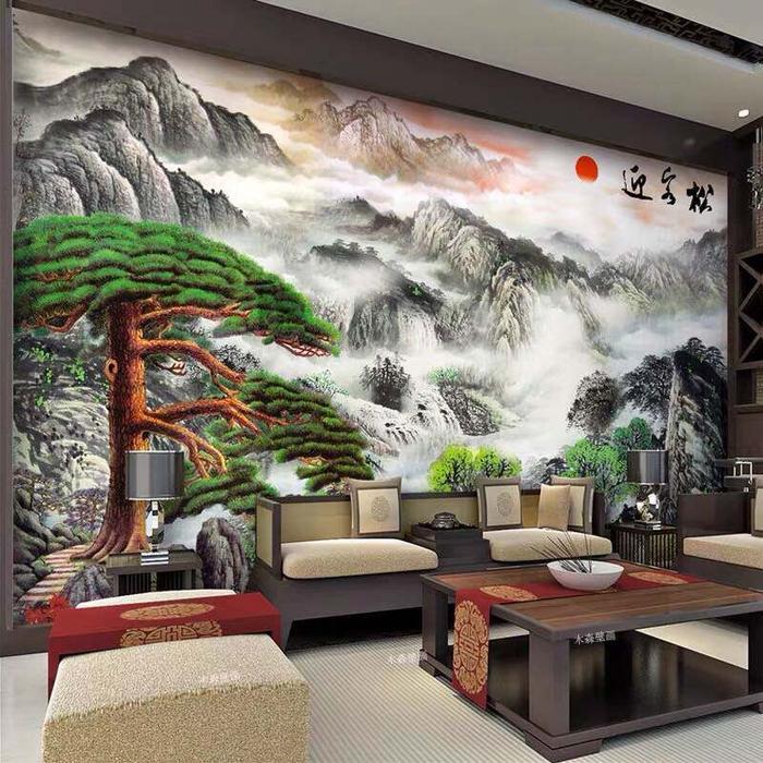 Wallpaper Dinding Bergaya Tiongkok Baru, Lukisan Pemandangan 3D, Kain Latar Belakang Tv, Ruang Tamu,