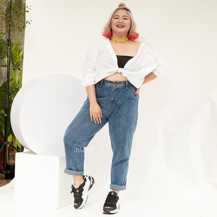 Real Curvy - Jiniso Jumbo Boyfriend Celana Jeans Wanita Warna Denim Highwaist Pasti Diskon
