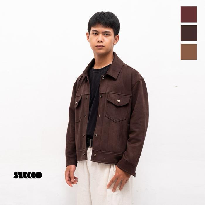 STUCCO Luther Trucker Jacket Premium Suede Jacket Pria/Wanita Dk brown