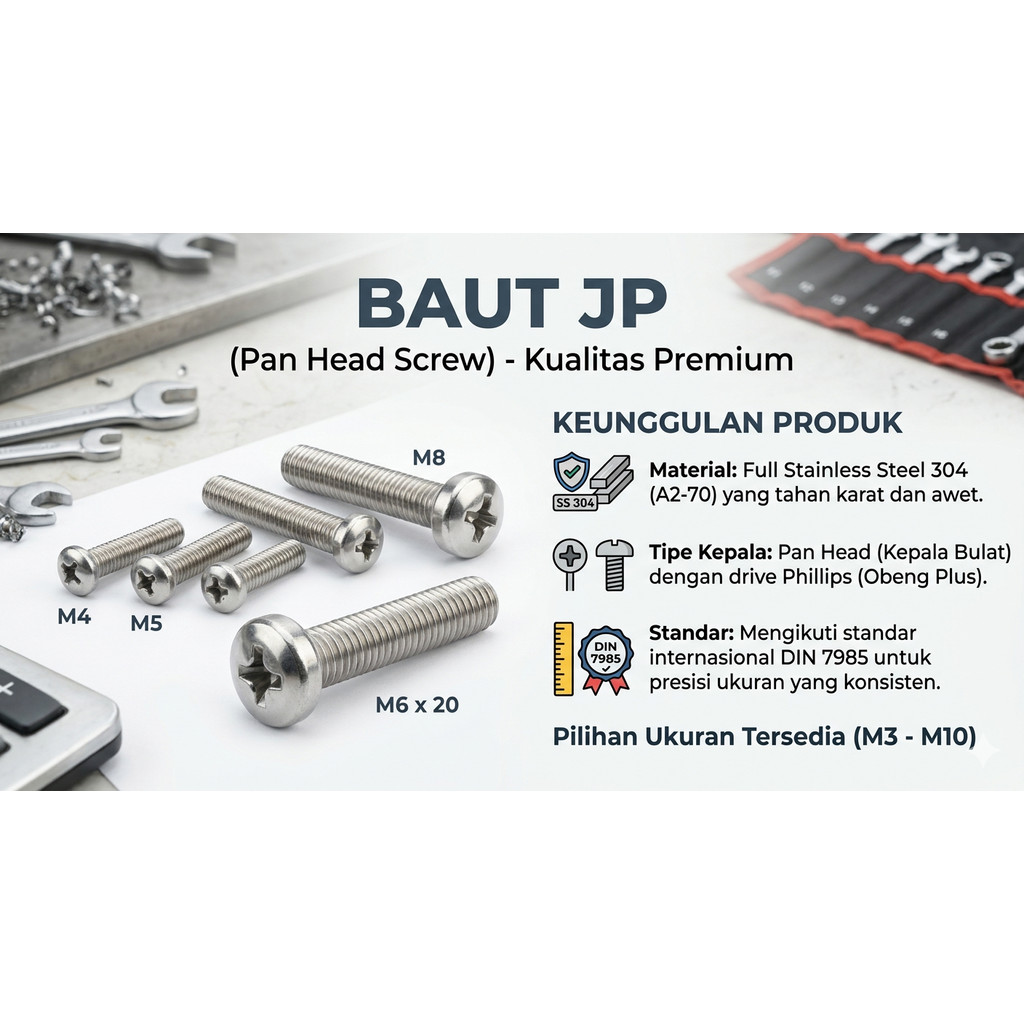 Baut JP M6X12 Machine Screw M6 X 12 Pan Head 6X12 Baut Obeng + Kepala Bulat Stainless SS304