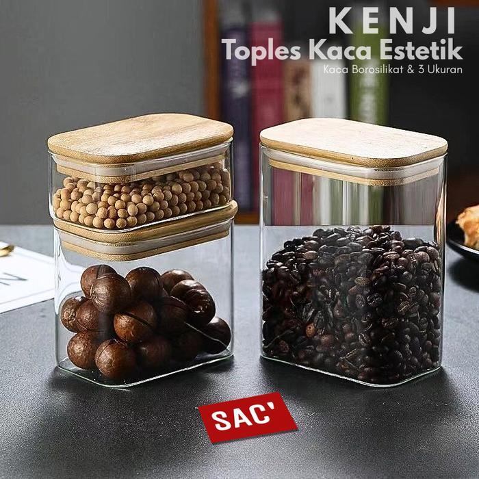 KENJI Toples Kaca Estetik Premium Kopi Teh Snack Bumbu Kacang Tutup Kayu Kedap Udara Serbaguna