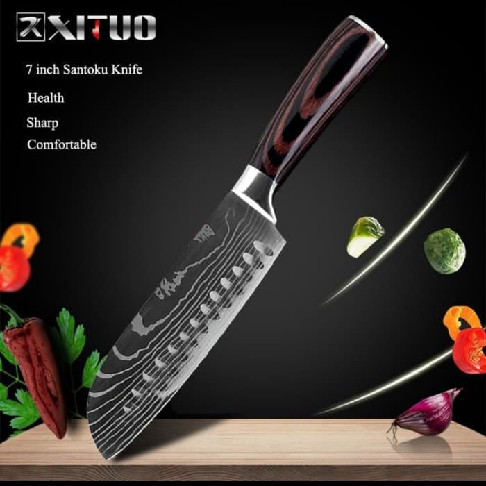 XITUO PISAU DAPUR CHEF DAMASCUS PATTERN -7 INCH SANTOKU KNIFE -SILVER