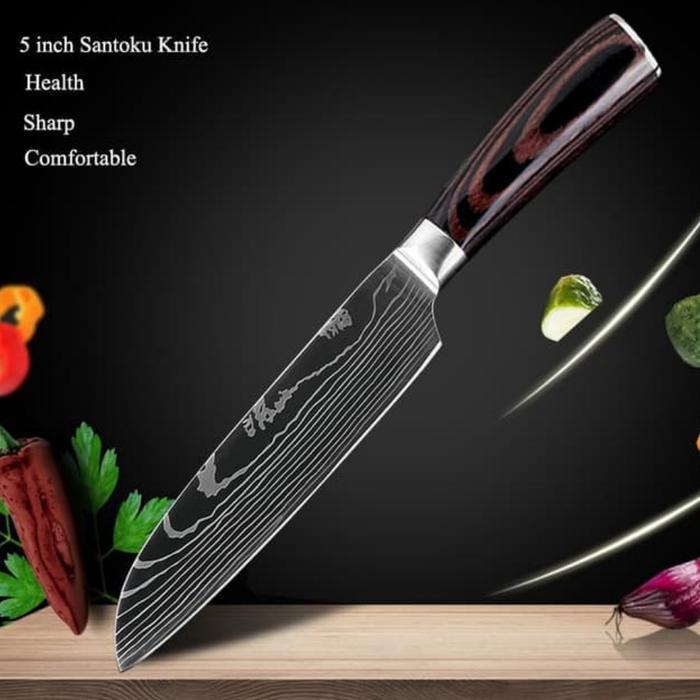 XITUO PISAU DAPUR CHEF DAMASCUS PATTERN - 5 INCH SANTOKU KNIFE-SILVER