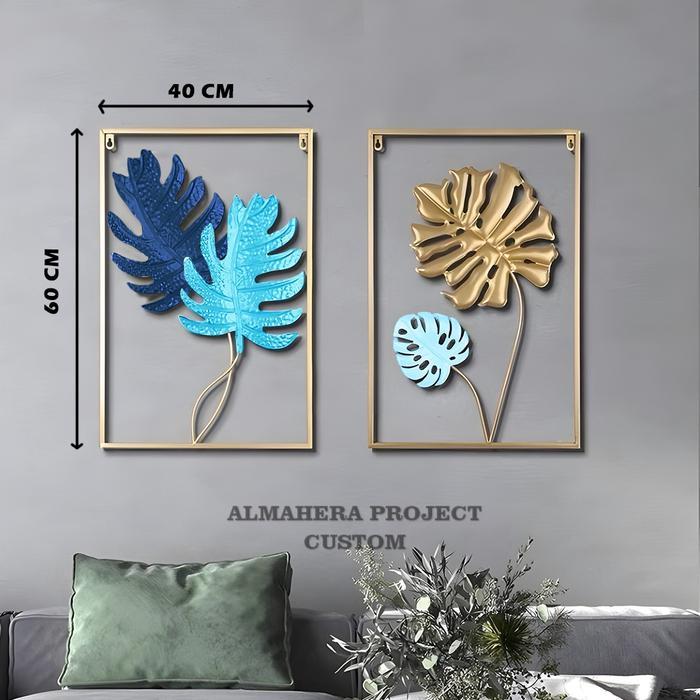 wall decor hiasan dinding ukuran 40x60 frame metal gold leaf blu hanging decor