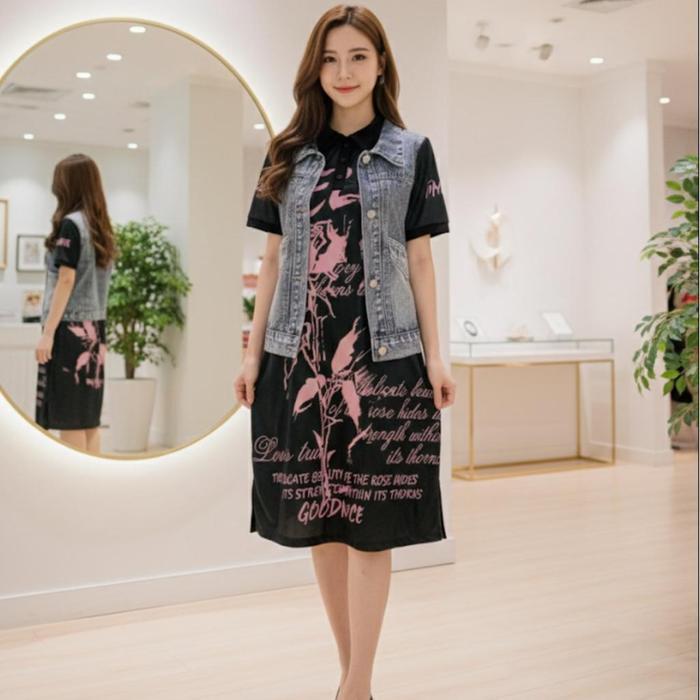 dress jersey busui motif jeans rompi mini daily casual wanita / dress rompi jeans series motif