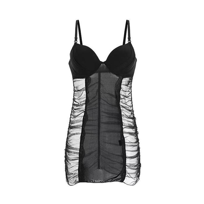 Lingerie Wanita Dress Mini ketat Suspender UP Underwire Set Thong A510 Transparan Dress