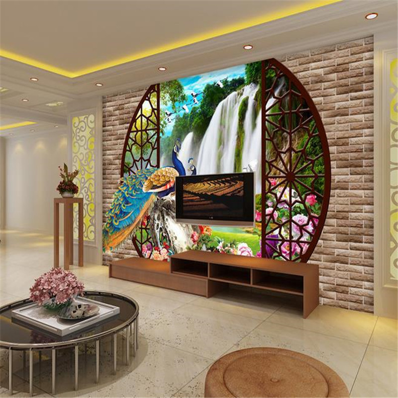 beibehang 3d peacock waterfall views murals Europe TV backdrop brick wallpaper living room bedroom m