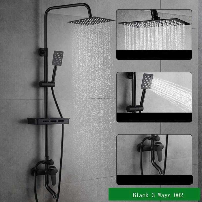 Shower Mandi 3 Way Set Shower Minimalis Tembaga Hitam dengan Kepala Shower Ganda & Keran Air (Hitam)