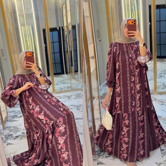 Arumi Dress Terlaris Gamis Jumbo Bahan Rayon Nyaman Gamis Motif Cantik Lengan Balon Maret Kancing