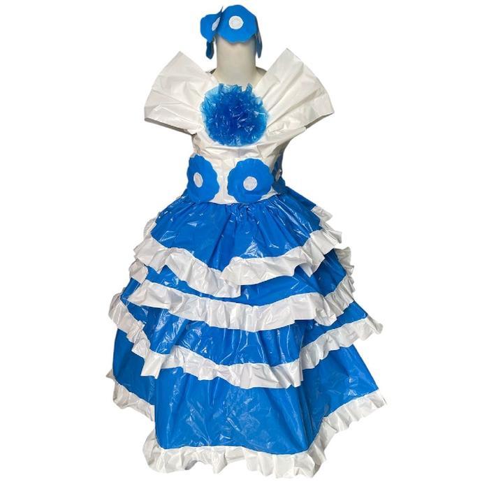 Kostum Daur Ulang Anak Perempuan Biru Putih Kostum Karnaval dari Kresek Kostum Gaun Cosplay dari